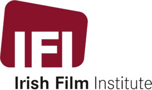 The logo for Irish Film Institute. The organisation's acronym IFI is cut out of a wine-coloured graphic in the shape of a stretched rectangle with rounded corners. The full name 'Irish Film Institute' is included in black lettering below