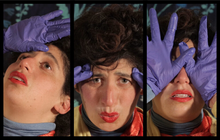 Three images, placed side-by-side vertically, repeatedly focus on the face of a woman wearing red lipstick. The woman holds a different facial expression in each image. She is wearing purple gloves and uses her hands animatedly.