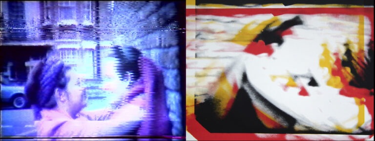 A still image from Anne Robinson 1985 film called Corridors. The image depicts a two-channel video, with two colourful still images sitting side-by-side showing early, glitchy digital aesthetic. The image on the left hand side is coloured blue and purple, and features two people facing each other, one person with their back against a wall. On the right-hand side is a similar composition but the image is much more abstract, and this time the colours are white, red, yellow and black.