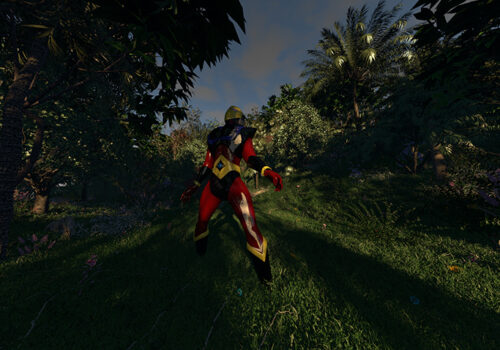 A still image from Bassam Al-Sabah’s CGI video artwork called Dissolving beyond the worm moon from 2019. In the centre of the image stands a life-size male figure. He is wearing a red, yellow and black cartoon-style tightly fitting suit complete with facial visor, chest plate, arm armour, a diamond shaped belt, and boots. His feet are apart and his back is arched as he looks upwards. He is standing on a grassy area in the middle of various varieties of trees and bushes. Shadows stretch across the image to reach the figure. The image is completely digitally rendered and is extremely detailed, with individual leaves reflecting sunlight and brown twigs lying amongst the blades of grass.
