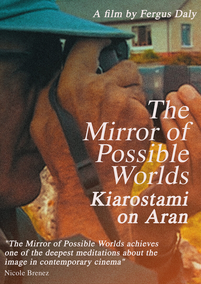 A colour poster for Fergus Daly's film The Mirror of Possible Worlds. The poster is portrait orientation and features the close-up of the side profile of a middle aged man's face. He is wearing a baseball cap and is holding a camera to his face to look through the viewfinder