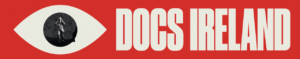 A colourful logo for Docs Ireland, against a solid red background, the graphic shape of an eye is followed by the words Docs Ireland in capital letters