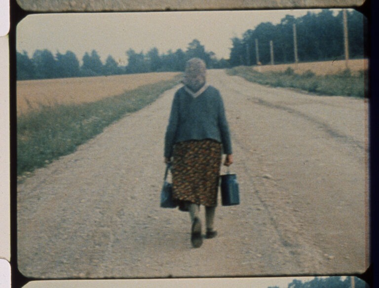 An elderly woman carrying two bags in either arm walks alone with her back to the camera. She is walking in the middle of the road flanked on either side by fields and trees.