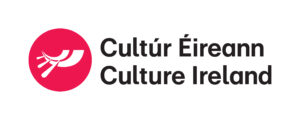 Logo for Culture Ireland in black lettering with a red symbol for ancient Irish artefacts in the shape of a boat