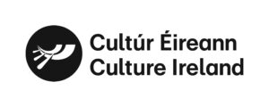 Logo for Culture Ireland in black lettering with a black symbol for ancient Irish artefacts in the shape of a boat