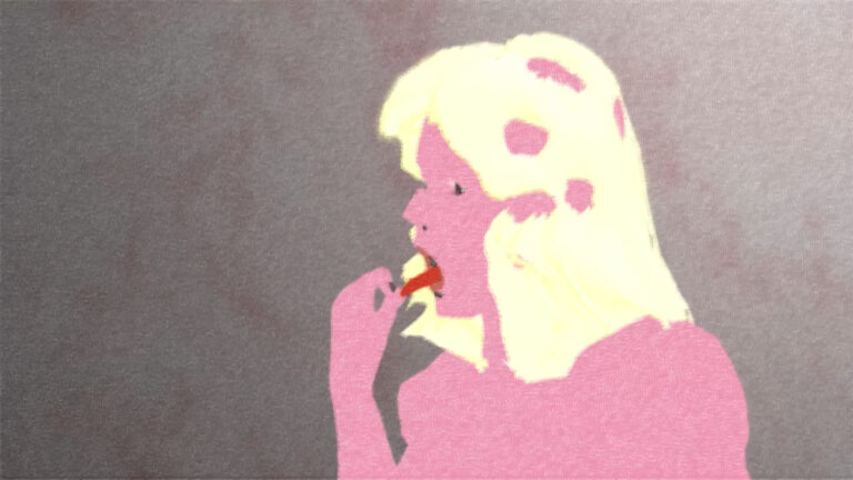 Animation of a female with pink skin and blonde hair sticking out her tongue