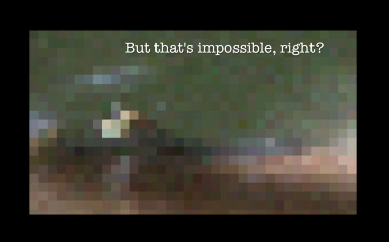 Text laid over a pixilated image of green and flesh colours reads 'But that's impossible, right?'