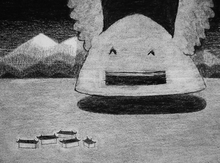 Black and white hand-drawn animation of a large smiling mountain with wings, hovering above some simplified drawings of Asian buildings. There are pointy mountains in the background and the sky is very dark