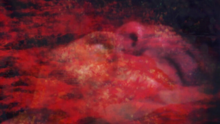 Psychedelic imagery of a female face emerging from illuminous colours of reds and pinks