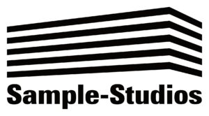 Logo for Sample Studios, accompanied by an outline image of the corner of a large industrial building 