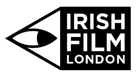 Logo for Irish Film London. White text on a black background with the symbol of an eye contained within