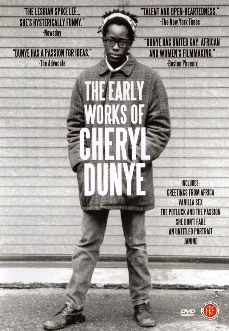 Black and white image of a person with dark skin standing in front of a wall. They are wearing a long buttoned up coat, with a white shirt collar showing, a hairband, and glasses. There is large white text in all capitals over their coat which reads THE EARLY WORKS OF CHERYL DUNYE.