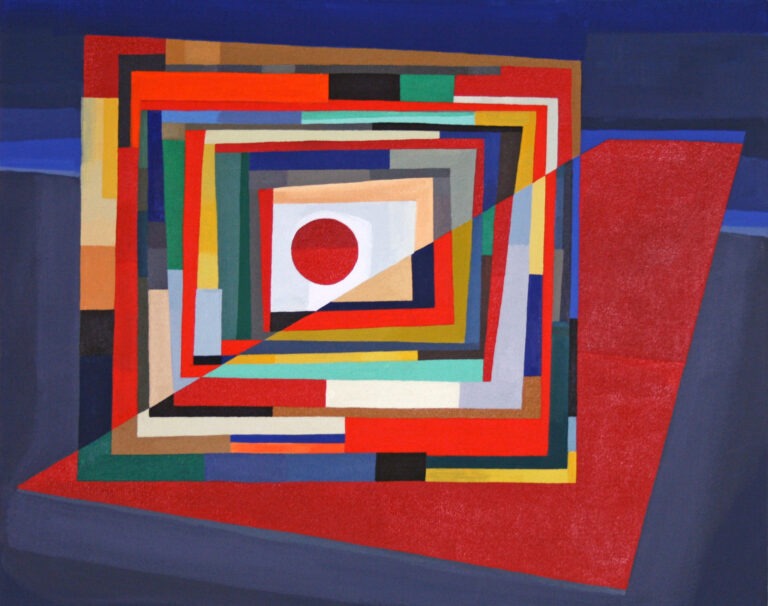 This is a description of a painting titled Pintura En Askeaton, created by Argentinian artist Magdalena Jitrik in 2009. The artwork is an abstract composition that features a dynamic interplay of shapes and colours. Slanted rectangles dominate the painting, overlapping and intersecting with each other. The centre of the painting features a large trapezoid with a red circle inside, which enhances the artwork's sense of movement and energy. The colours used in the painting are bold and vibrant, with a range of blues, greens, reds, and yellows.
