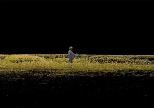 This is an image from the short film 'Constant' (2022) by Sasha Litvintseva and Beny Wagner. The image appears to be computer-generated or have a similar effect. The image depicts a man with dark skin and a dark-coloured beard standing in a field. He is holding what appears to be a piece of corn in his right hand and wearing a light blue sun hat, along with a light blue and brown full-length shirt and trousers. The corn field surrounds him and is coloured yellow and green. The sky in the background behind him and the foreground at the bottom of the image are completely black.