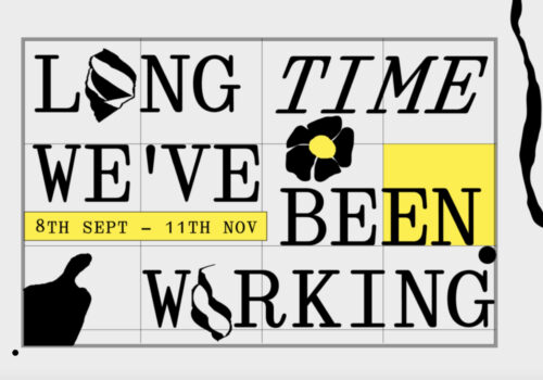 The image is the title of the exhibition “Long time we’ve been working” and its opening dates 8th Sept - 11th Nov. The text is in black on a white background with a grid and yellow accent elements. The serif font of the text is adapted with abstract shapes and images drawn from the films in the exhibition including a figure’s shadow, a flower and a flowing paper ribbon.