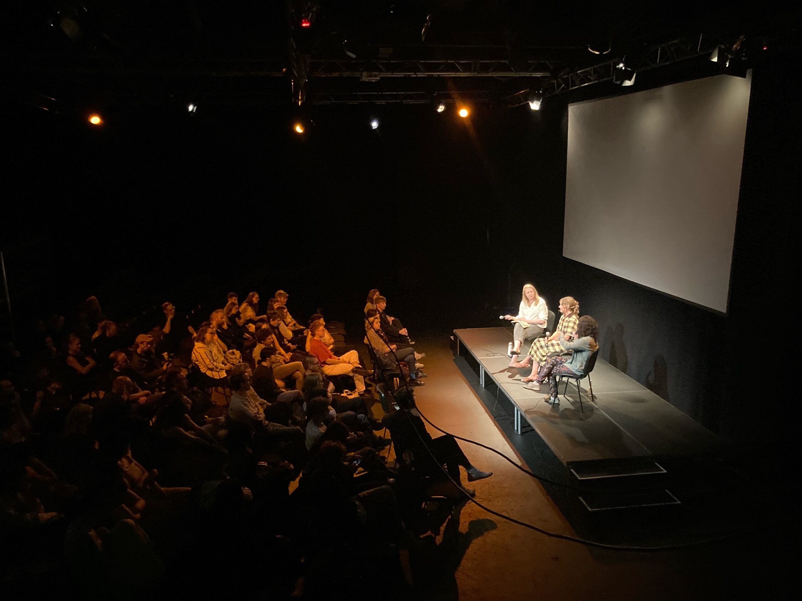 aemi Co-Director Alice Butler discusses 'the answer is a lemon' with filmmakers Laida Lertxundi and Helena Gouveia Monteiro photo c/o Michael Higgins